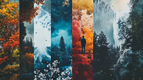 Segmented landscape panels with seasonal forest variations.