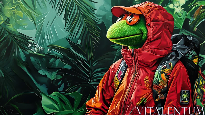 Anthropomorphic frog hiker in saturated red gear navigates jungle