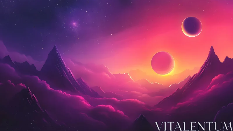 Dual planets over violet mountains in luminous sky.