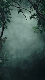 Misty Forest Canopy with Dark Branches and Foliage.