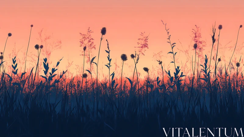 Silhouetted wild grasses aligned against gradated sunset sky.