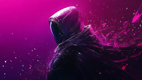 Hooded cyber phantom emerges in neon magenta storm