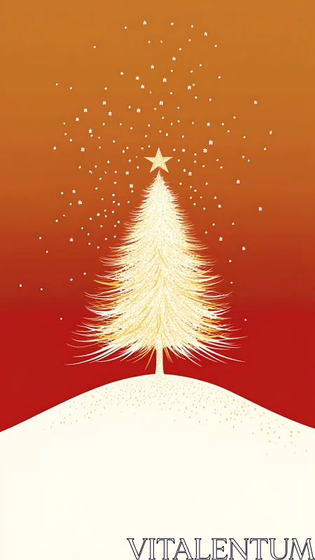 Golden stylized tree stands on curved snowfield under gradient sky