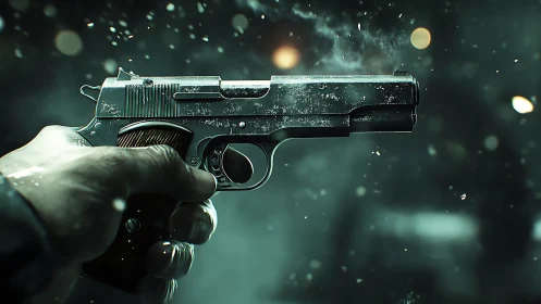 Smoke-dusted pistol frozen mid-recoil in wintry neon hush.