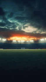 Stormy sunset ignites dramatic floodlit soccer stadium