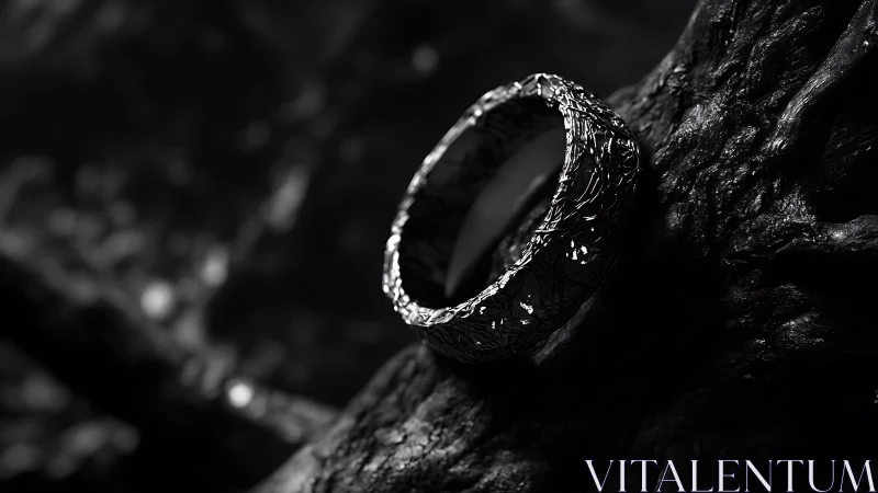 Textured metallic ring rests on dark organic surface form