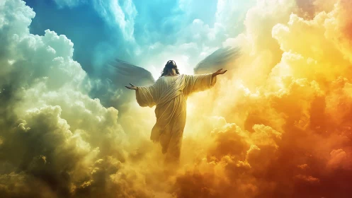 Radiant winged figure rising through sunlit painted clouds.