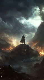 Lone wanderer crowns a volcanic ridge beneath stormfire skies