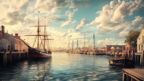 Tall ship moored in calm historic harbor at sunset light.