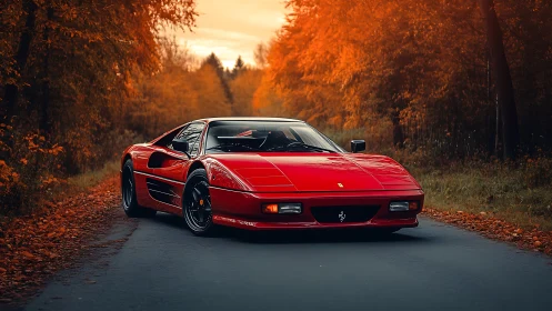 Crimson supercar prowls an autumn forest road in fiery hush.