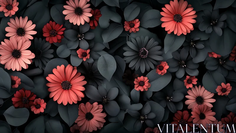 Composite floral arrangement with coral and black flowers on layered foliage background