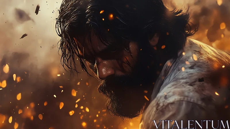 Battle-scorched wanderer bows through a storm of flying embers