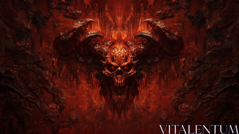 Demonic skull erupts from molten wall in fiery infernal void