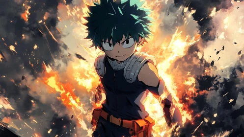 Green-haired young hero walks through roaring firestorm.