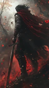 Dark knight silhouette in infernal red-cloaked digital painting.