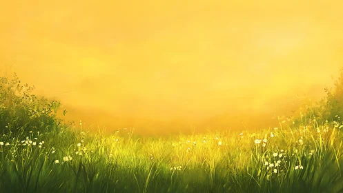 Golden meadow stretches under hazy morning light