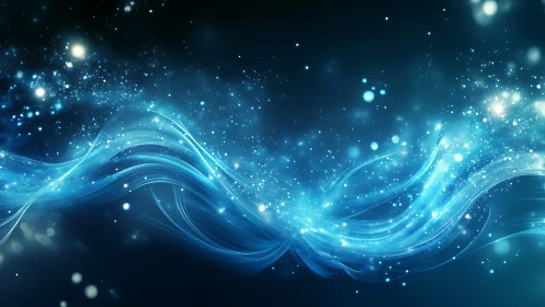 Blue luminous light trails curve across a dark abstract field