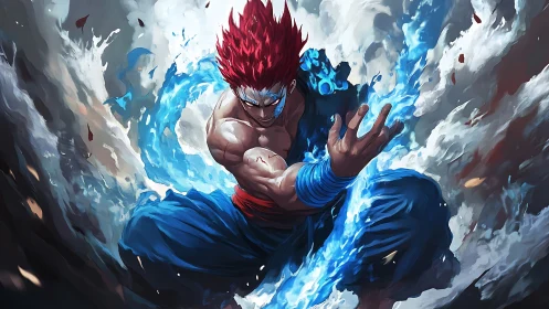 Storm-wreathed fighter hurls blue flame in sky-splitting fury.