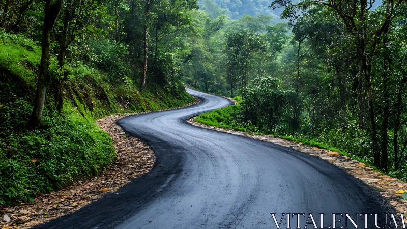 Winding forest road through dense vegetation.