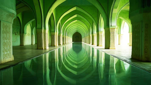Emerald arches and quiet reflections inside a glowing hall.