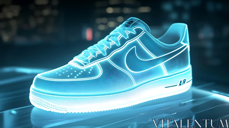 Glowing neon sneaker lighting up a sleek city nightscape.