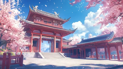 Cherry blossoms dance around a tranquil red temple courtyard