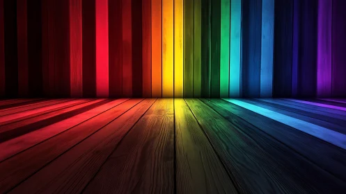 Color spectrum on wooden planks with central light focus.