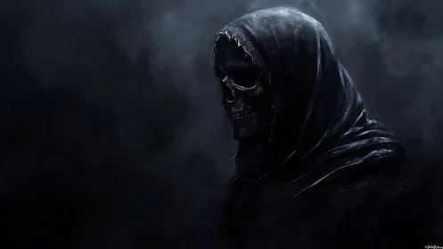 Hooded skeletal figure is rendered in a dark atmospheric field