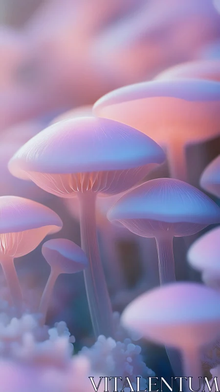 Dreamy pastel mushrooms glow softly in a gentle forest haze