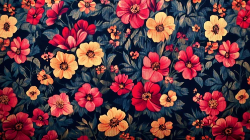 Chromatic Floral Tessellation: Dense Blooms Against Deep Navy Ground.