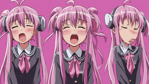 Anime girl portraits capture playful, exaggerated emotions