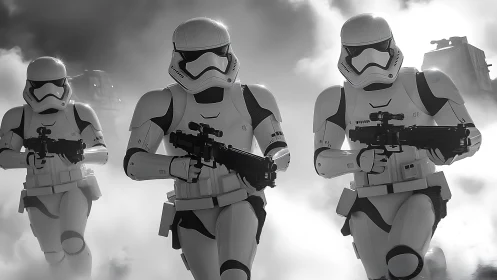 Armored sci-fi troopers advance through cinematic smoke field.