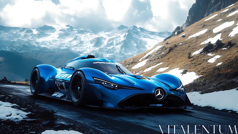Futuristic blue Mercedes concept race car on snowy mountain road