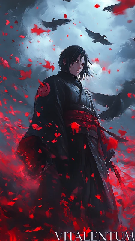 Stormlit warrior wrapped in crimson petals and watchful crows.