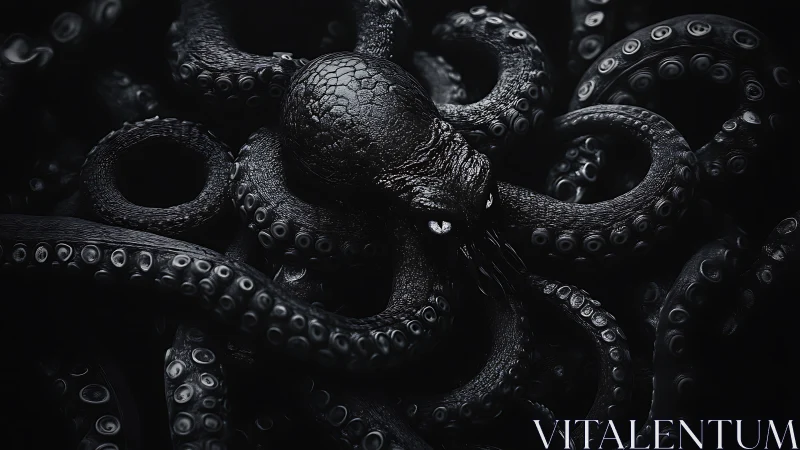 Midnight octopus rests calmly in a swirl of dark tentacles