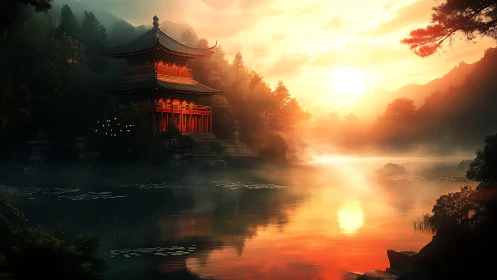Sunlit lakeside pagoda with misty forest reflections at dawn.