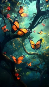 Monarch butterflies glow through twilight forest canopy