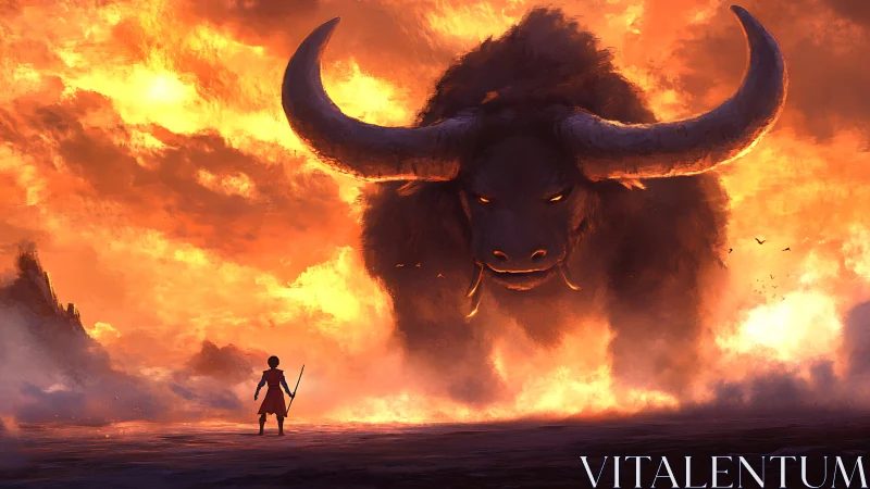Lone warrior confronts colossal horned beast in burning sky