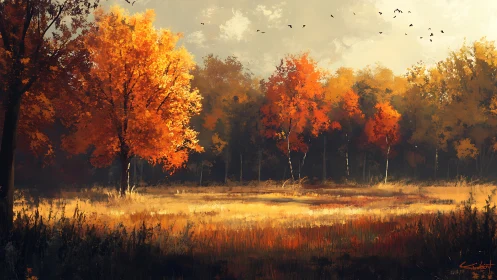 Golden autumn trees glow warmly around a quiet open meadow