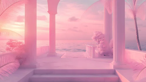 Pink neoclassical terrace overlooking tranquil ocean horizon.