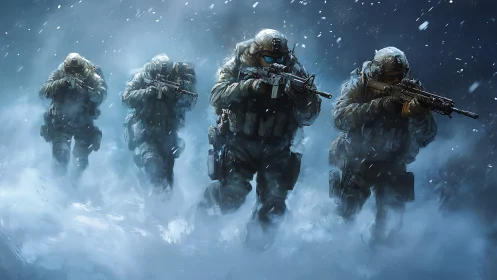 Tactical infantry fireteam advancing through blizzard conditions