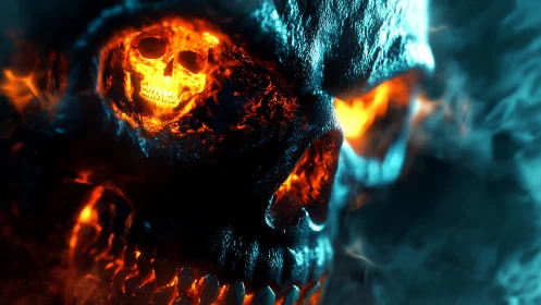 Luminous fiery skull with internal skeletal reflection.