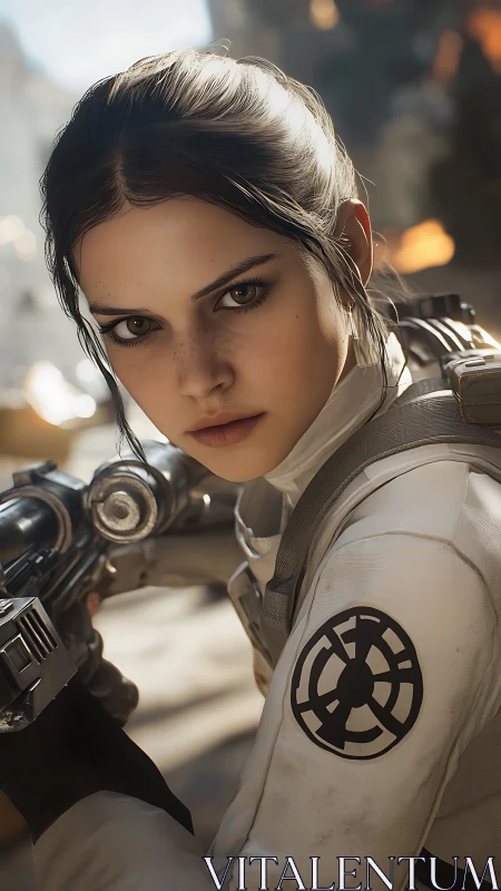 Focused sci fi soldier aiming blaster in combat zone.