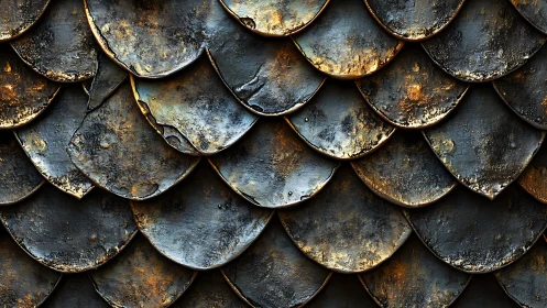 Oxidized metallic scale cladding with overlapping patina panels.