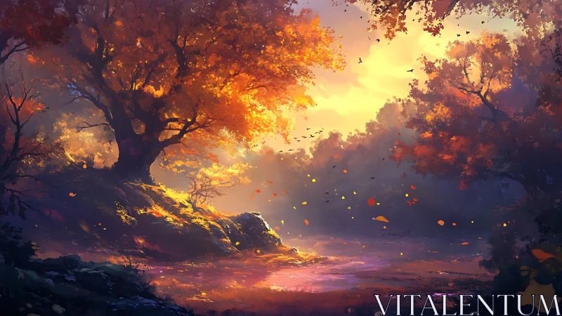 Radiant autumn grove beside a glowing river at dusk.