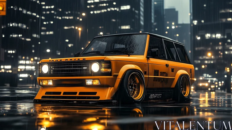 Widebody retro SUV stance build in rainy neon-lit city street