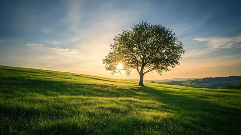 Sunlit tree welcomes a quiet evening over rolling hills