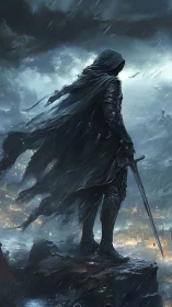 Hooded armored figure stands on cliff above stormlit city