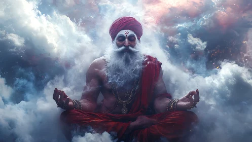 Celestial yogi in meditative asana amid volumetric storm clouds