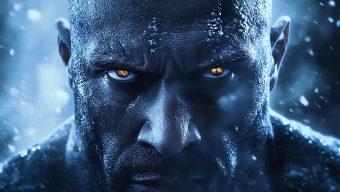Close portrait of frost covered man with glowing eyes.